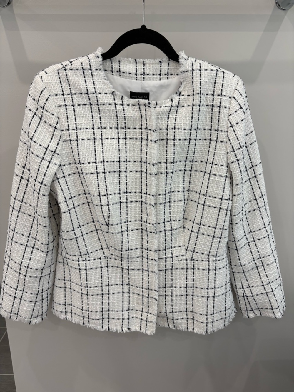 White Navy Plaid Tweed Jacket